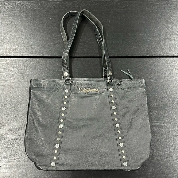 Harley-Davidson Vintage Leather Shoulder Tote Bag with Studs and Rhinestones - Picture 1 of 12